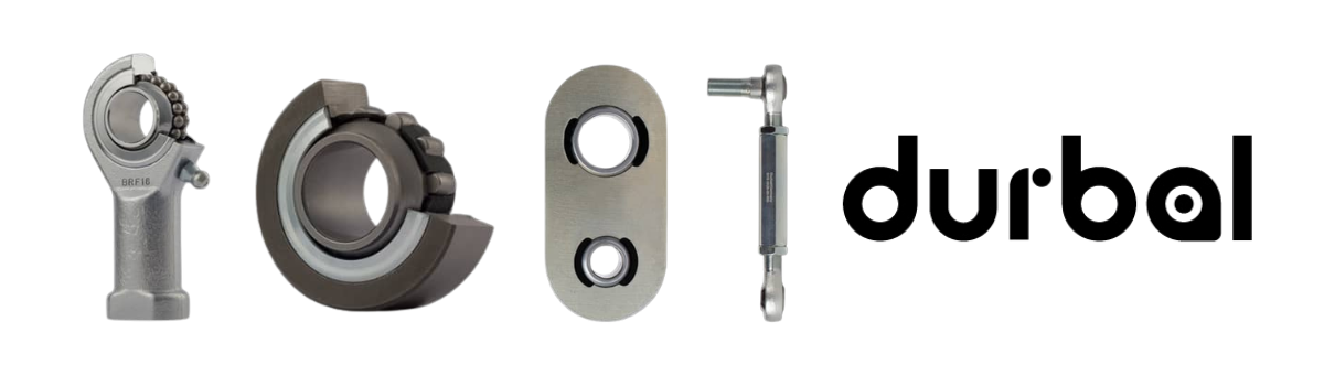 DURBAL rod end with integrated ball bearing shown in cutaway, spherical roller bearing shown in cutaway, a twin-eye linkage plate, and an adjustable control rod, alongside the black durbal logo